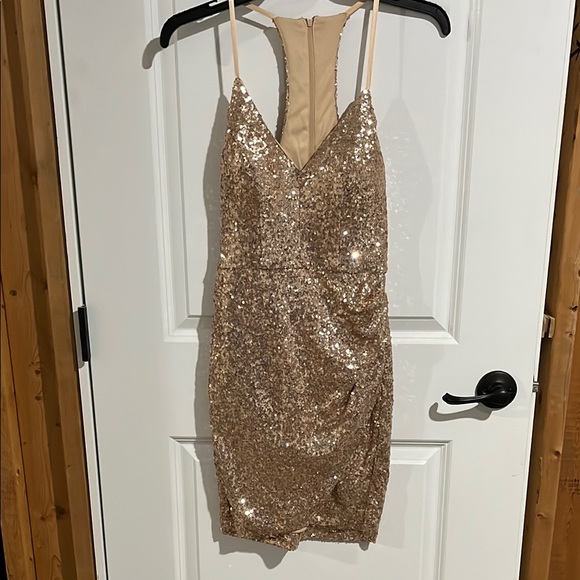 B. Smart Gold Sequin Bodycon Dress Sleeveless Plunge - Picture 1 of 16